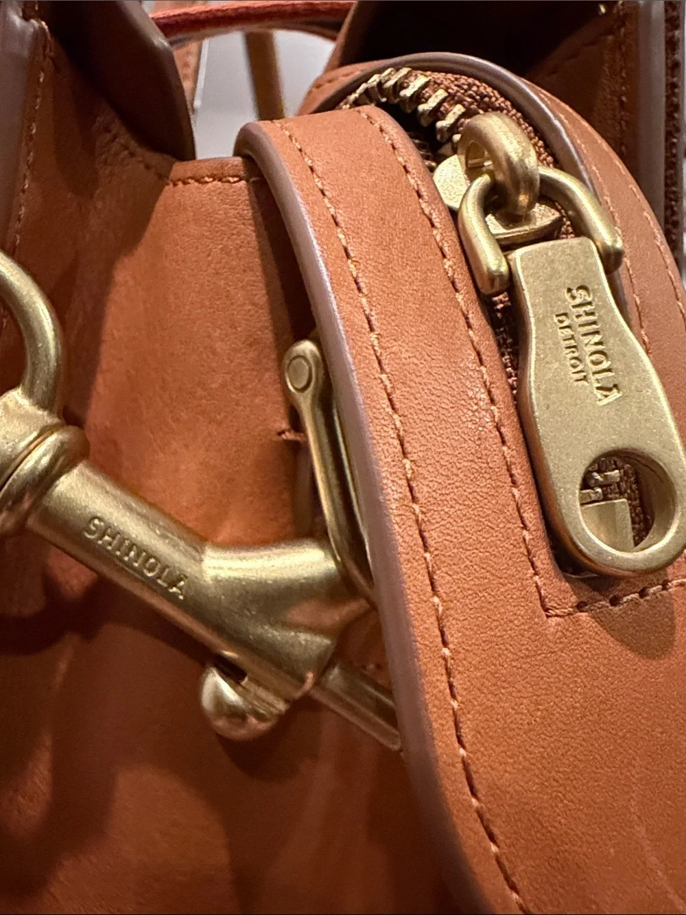 Shinola Cognac Leather Messenger Tote with Striped Shoulder Strap